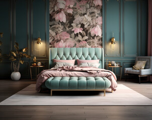 a bedroom with blue walls and  pink furniture 