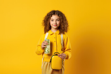 young school girl with smoothie holding lunch box and backpack on yellow background