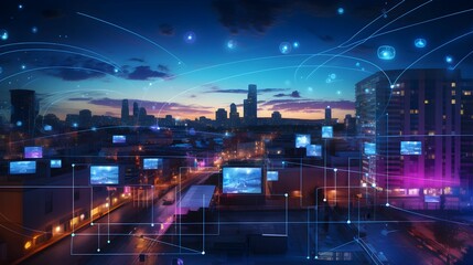 5G Signals Illuminate Interconnected Devices | Illustration of Future Urban Landscape, neo, Futuristic Digital City
