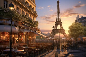 Fototapeta na wymiar Golden Hour at a Parisian Café 