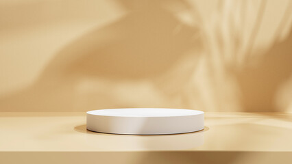 Luxury white podium platform stage on peach color background with sunlight and leafs shadows, podium for advertisement and product placement, place for products and cosmetics