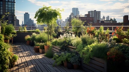 Fototapeta premium Rooftop Garden Bursting with Greenery | Urban Rooftop Garden Photo, Urban Oasis
