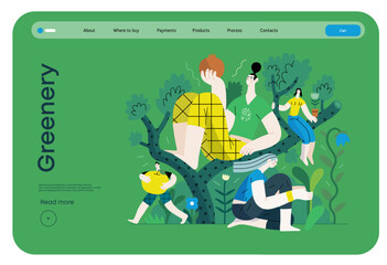 Greenery, ecology -modern flat vector concept illustration of people on a tree, surrounded by plants. Metaphor of environmental sustainability and protection, closeness to nature