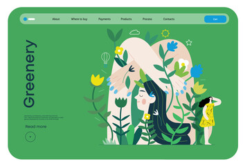 Greenery, ecology -modern flat vector concept illustration of a mural of a woman, surrounded by plants. Metaphor of environmental sustainability and protection, closeness to nature © grivina