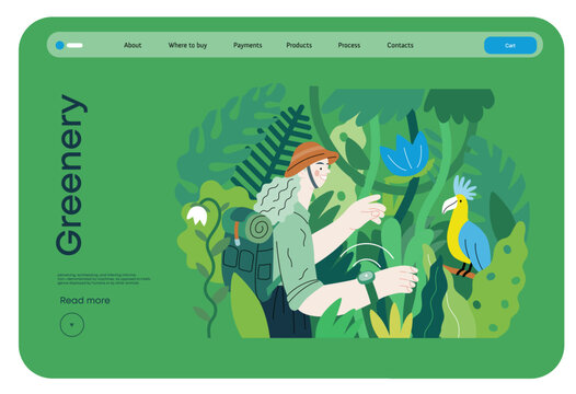 Greenery, ecology -modern flat vector concept illustration of a woman exploring the jungle and a wild bird in a tree. Metaphor of environmental sustainability and protection, closeness to nature