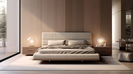 Modern Luxury Beige Bedroom With Wooden Bed
