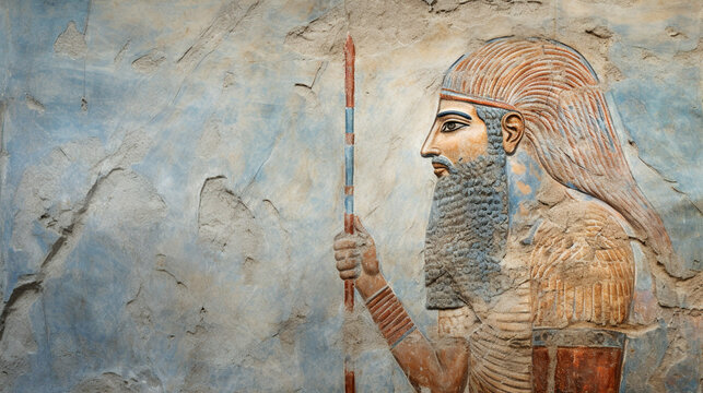 Sumerian wall fresco, old painting from Middle East, Babylon culture