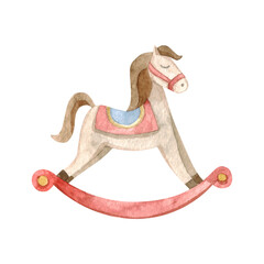 Retro toy rocking horse. Nutcracker watercolor illustration Christmas object. Isolated on white background. For banner, headers, website, stickers.