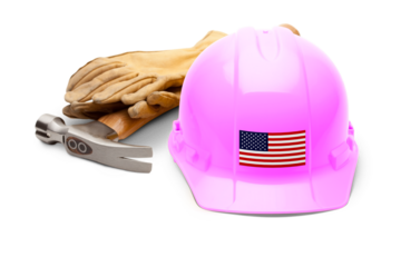 Pink Hardhat with an American Flag Decal on the Front with Leather Gloves and Hammer Transparent PNG.