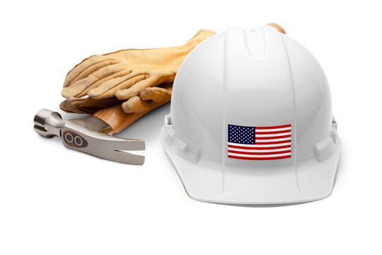 White Hardhat with an American Flag Decal on the Front with Leather Gloves and Hammer Transparent PNG.