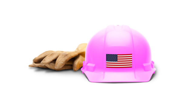 Pink Hardhat with an American Flag Decal on the Front with Leather Gloves Transparent PNG.