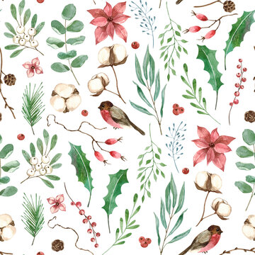 Christmas and New Year watercolor seamless pattern. Botanical winter illustration leaves,branches,berries,holly,poinsettia flowers, bird. On white background