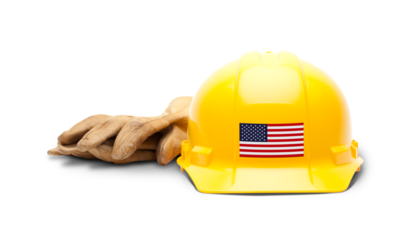 Yellow Hardhat with an American Flag Decal on the Front with Leather Gloves Transparent PNG.