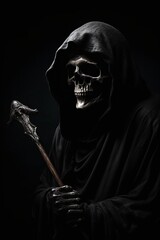 Grim reaper with hooded robe on dark background. Generative AI