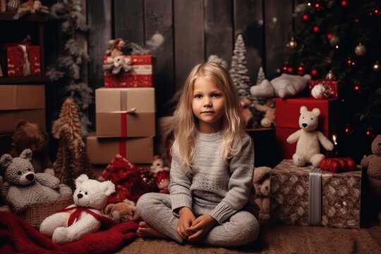 Cute little girl on christmas setting. Generative AI