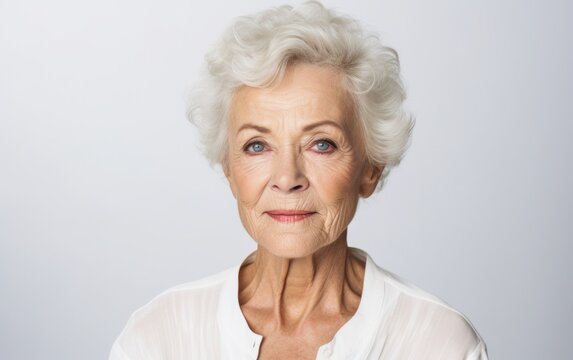 An intimate close-up depicting a graceful and neatly groomed grandmother against a light, uncluttered setting.