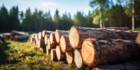 Lumber in the forest, cut wooden logs in the stack. Logging, harvesting wood for fuel and firewood. 