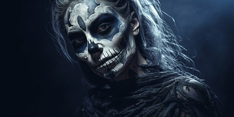 Death Skeleton Woman Portrait with Halloween Face Makeup. Generative ai