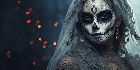 Naklejka premium Death Skeleton Woman Portrait with Halloween Face Makeup. Generative ai