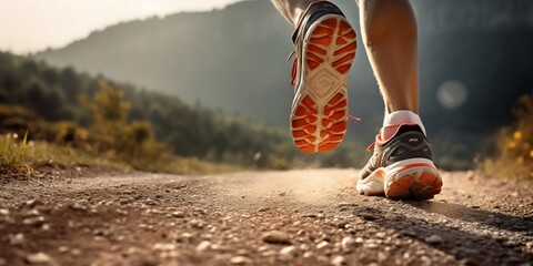 Men's Legs Running on a Mountain Path in Sports Shoes. Generative ai
