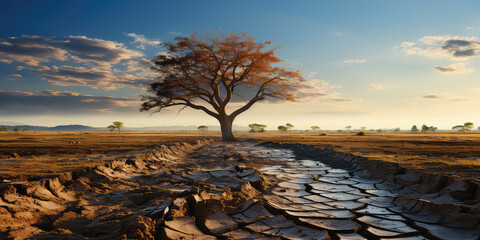 Tree on cracked ground. Creative concept of climate change impact, drought, and environmental crisis. 