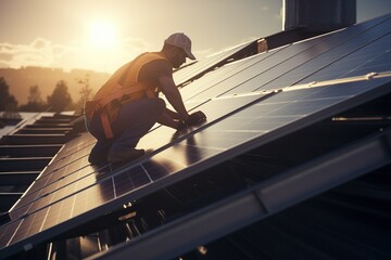 A handyman installing solar panels on the rooftop | Generative AI
