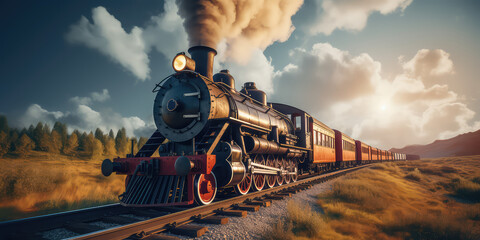 Vintage steam train with ancient locomotive and old carriages runs on the tracks in the countryside, steam train at the railway station, old steam train locomotive.