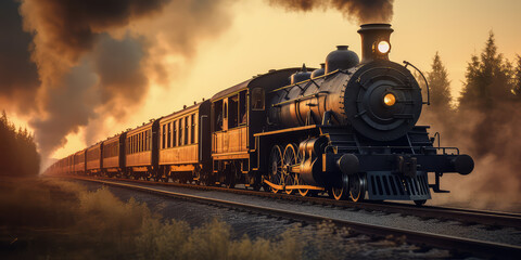 Vintage steam train with ancient locomotive and old carriages runs on the tracks in the countryside, steam train at the railway station, old steam train locomotive. © dinastya