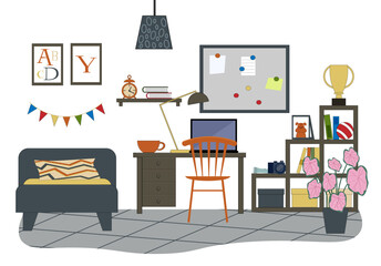 Teenage room interior. Children room furniture - a bed, a table and a chair, a workplace with a laptop, shelves with books. Vector flat illustration. For use on covers, flyers, social networks and