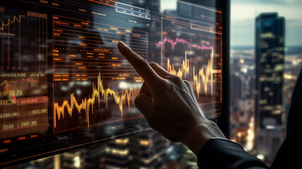 Planning & Strategy Stock Market Business Growth progress or success. Businessman or trader hand touches showing virtual hologram stock invest in trading.