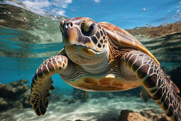 Fototapeta premium Hawaiian Green Sea Turtle gracefully swimming in the clear ocean waters, symbolizing tranquility and natural beauty. Generative Ai.
