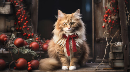 Cat with a red bow sitting next to the Christmas decorations. Generative AI