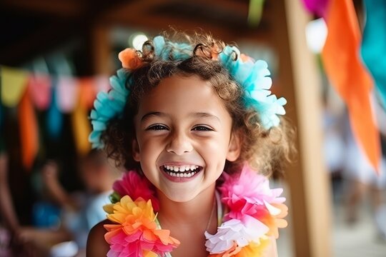 Fototapeta Close up portrait of a cute little girl wearing hawaiian costume