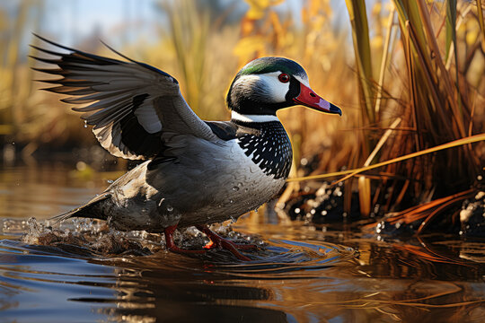 Male Wood Duck (Aix sponsa) gracefully gliding in a serene wetland, Marion. Generative Ai.