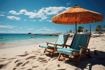Fototapeta premium Chairs and umbrellas dotting the sandy beach, signaling a delightful beach vacation. Generative Ai.