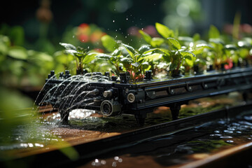 Witness an automated garden irrigation system meticulously watering the lawn with its adjustable head. Perfect for maintaining lush lawns and indulging in gardening. Generative Ai.