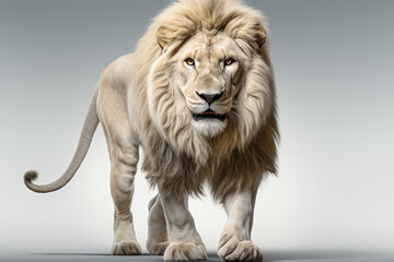 A striking white lion set against a white background, emanating an aura of majesty and strength. Generative Ai.