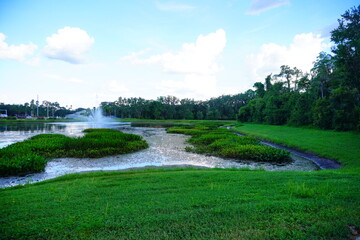 Beautiful lake and fountain in a Florida community	