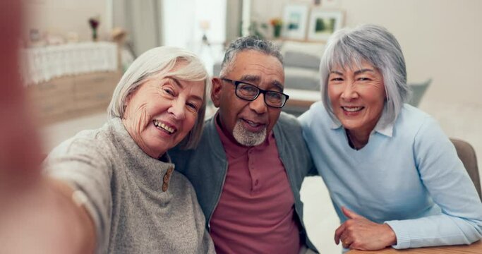 Senior group, face and selfie in living room, smile or women with man, diversity and hug on web blog. Elderly friends, home and retirement memory for photography, profile picture and social network
