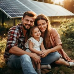 Fototapeta premium A young family of three is crouching near a photovoltaic solar panel, smiling and looking at the camera, concept of bright future | Generative AI