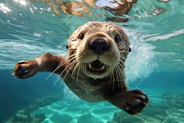Fototapeta premium Adorable sight of a playful sea otter, gracefully frolicking underwater. Generative Ai, Ai.