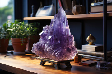 A beautiful amethyst geode glowing in the morning light, displayed on a wooden shelf in a gemstone store. Generative Ai. - obrazy, fototapety, plakaty