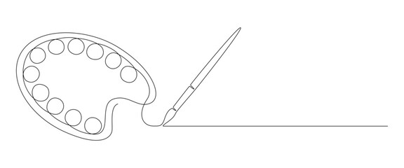 One continuous line drawing of brush and painting palette. Paintbrush symbol for creative and art school in simple linear style for logo and card. Editable stroke. Vector illustration