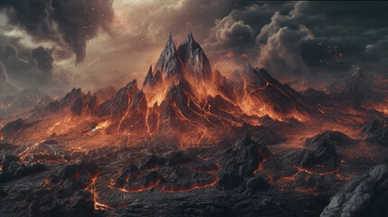 Fototapeta premium Dramatic volcanic landscapes . Fantasy concept , Illustration painting.