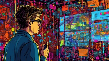 Naklejka premium Man at work, Distributed ledger technology (DLT) explained visually . Fantasy concept , Illustration painting.