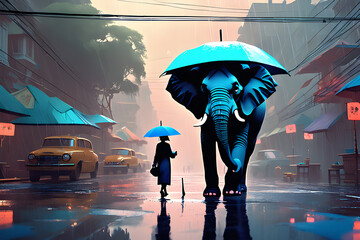 Elephant with an umbrella on a rainy day.
Generative AI