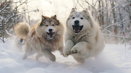 Joyous snow dogs frolic amidst winter's embrace, capturing the season's cold yet spirited essence. Generative AI