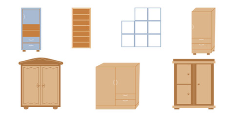 Storage furniture set in the living room. Cabinets and racks. Interior design concept. Vector flat illustration...