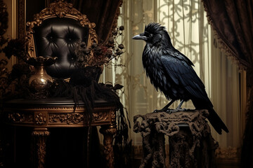 Fototapeta premium Gothic horror inspired image of a raven in Victorian setting, Generative AI.