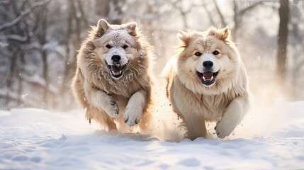 Joyous snow dogs frolic amidst winter's embrace, capturing the season's cold yet spirited essence. Generative AI